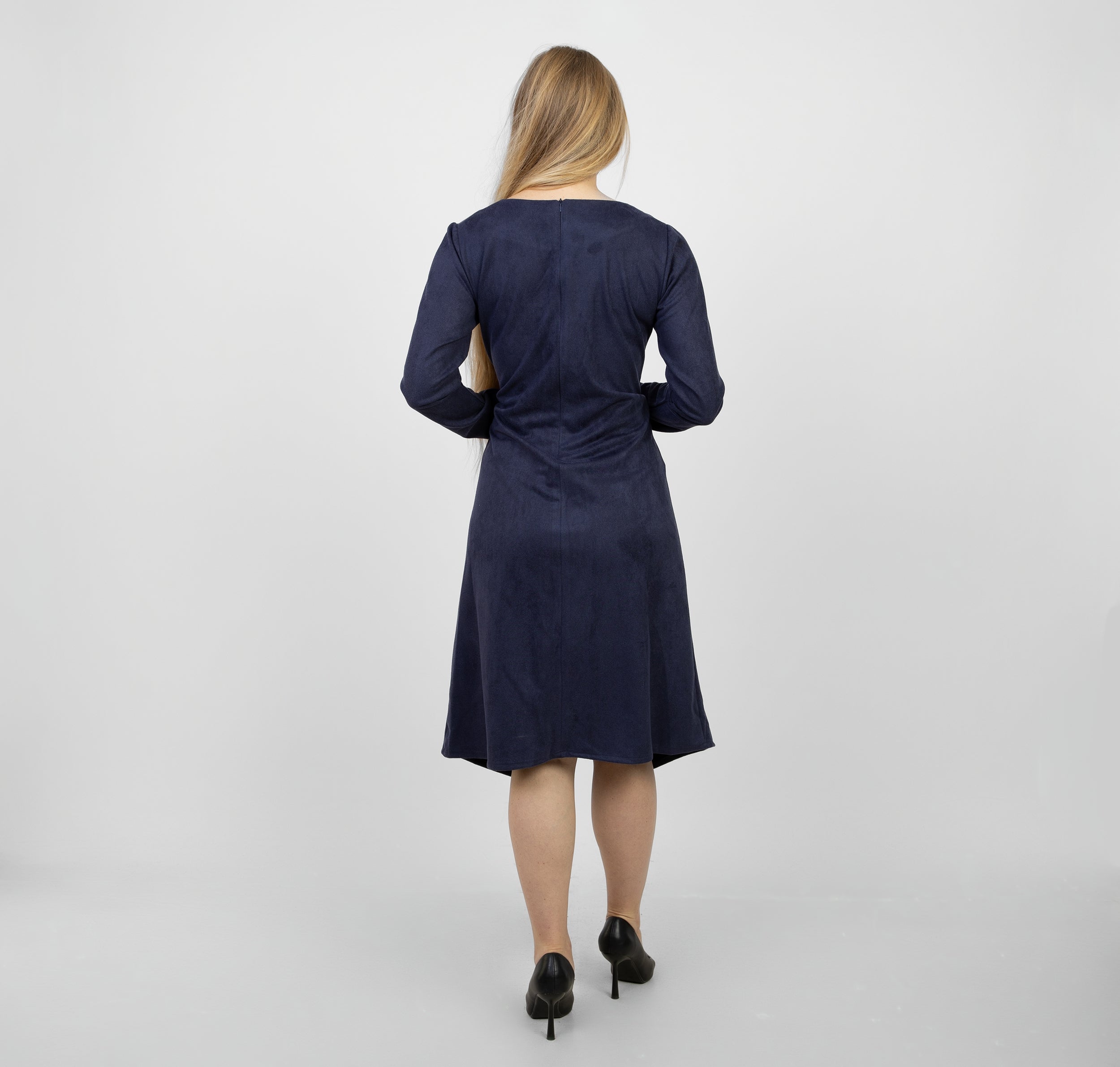 La Reine Blue Black Long Sleeve Midi Dress with Asymmetrical Drape