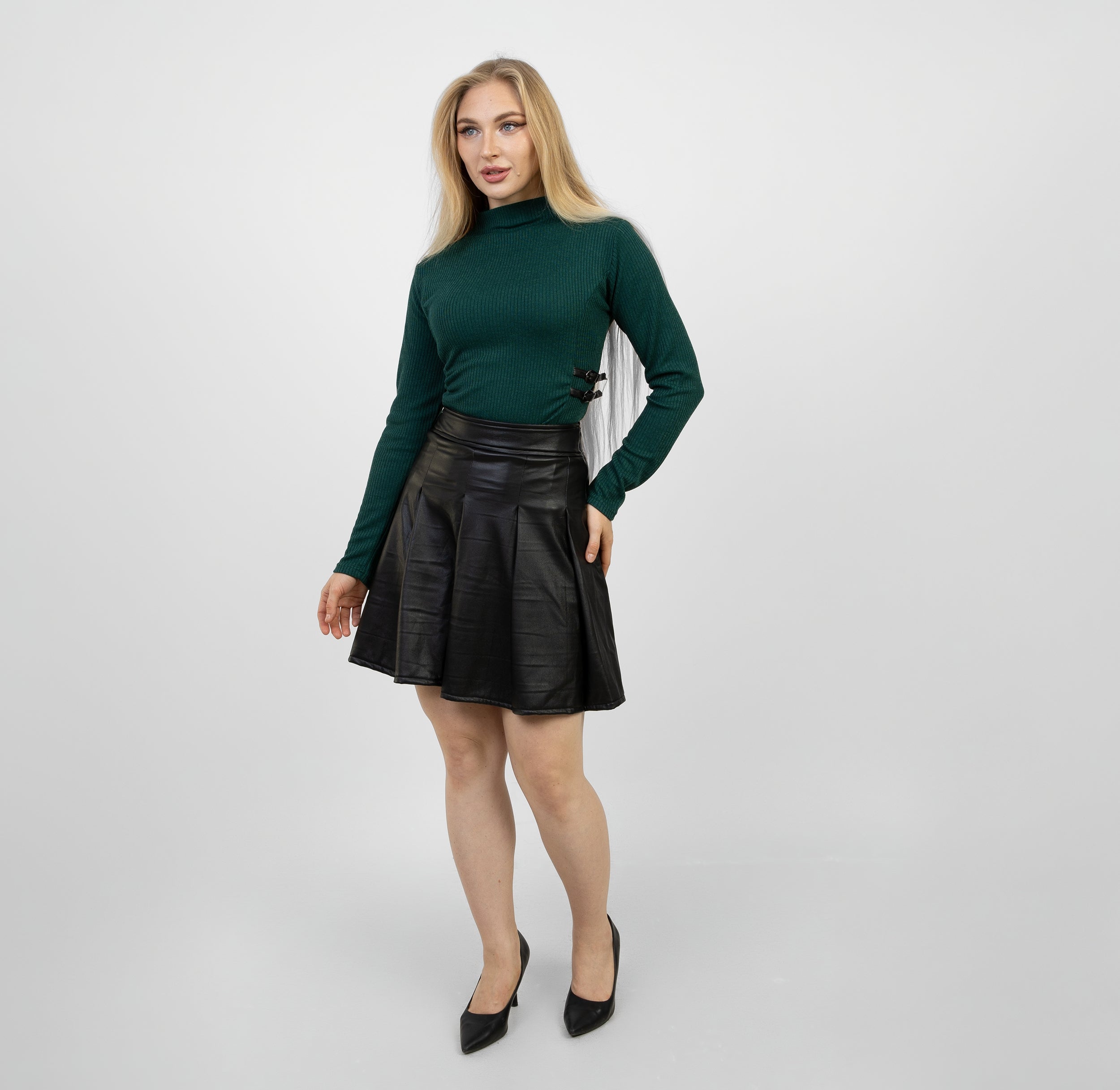 La Reine High-Waisted Black Faux Leather Pleated Mini Skirt