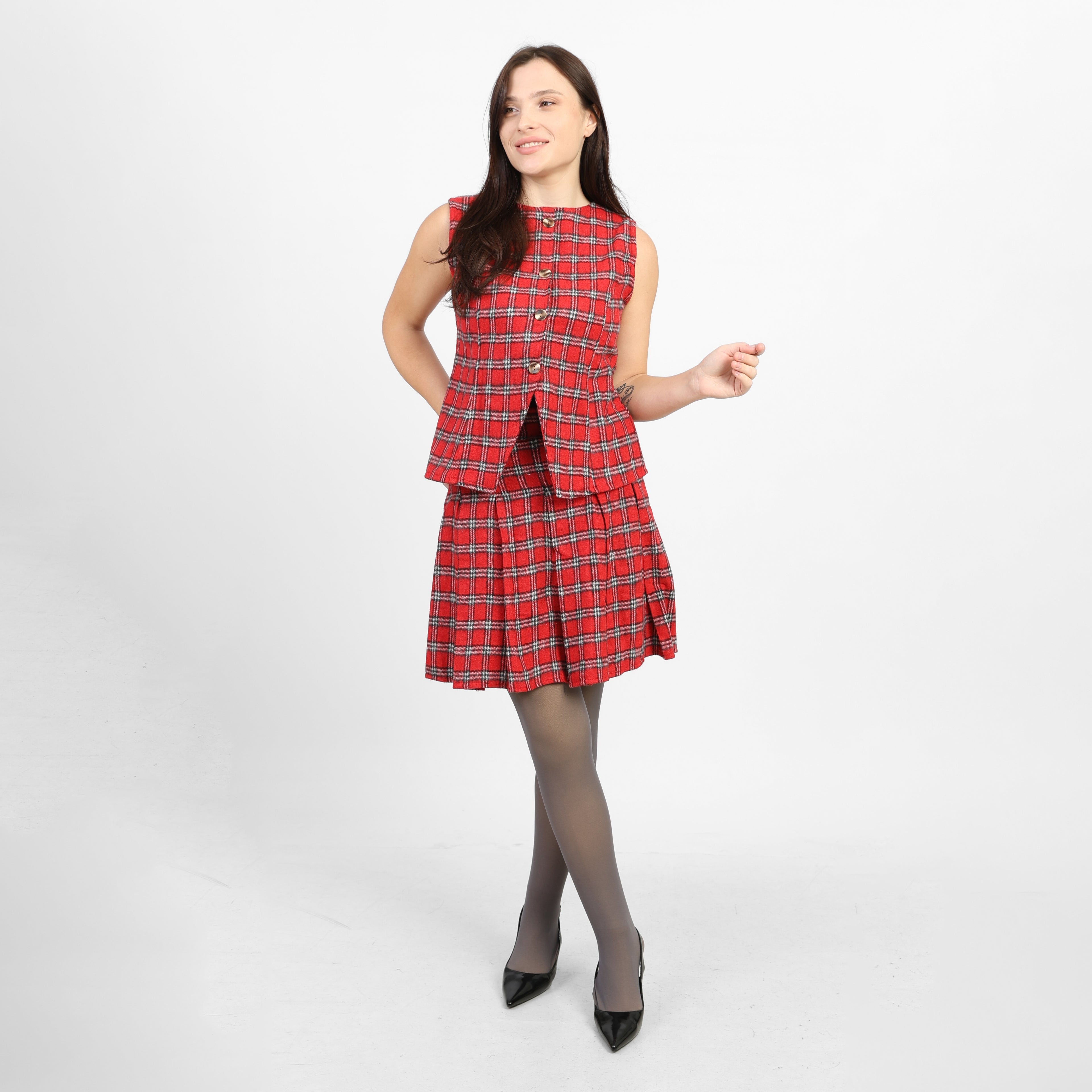 La Reine Red Plaid Checked Pleated Set, Vest & Skirt [Bundle]