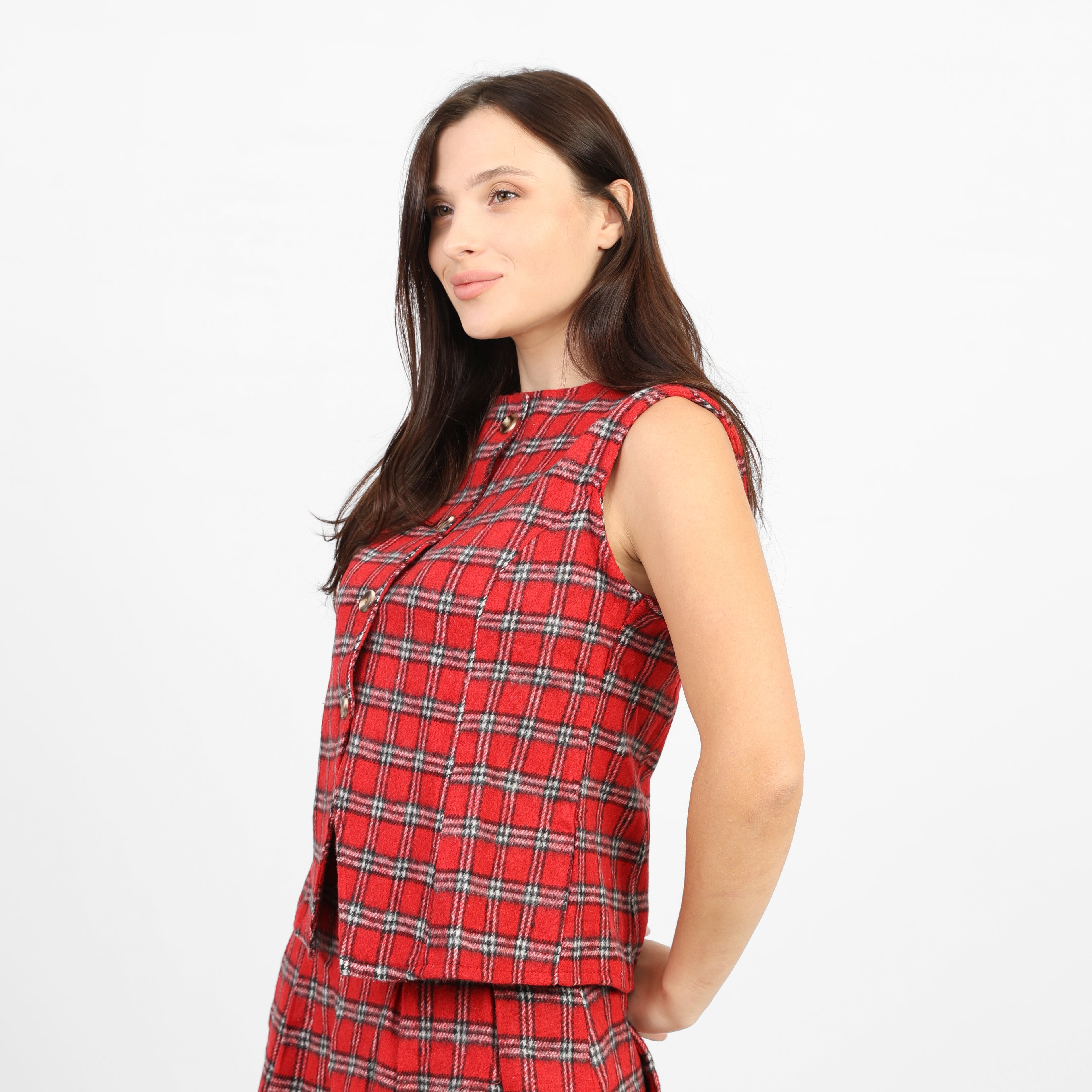 La Reine Red Plaid Checked Pleated Set, Vest & Skirt [Bundle]