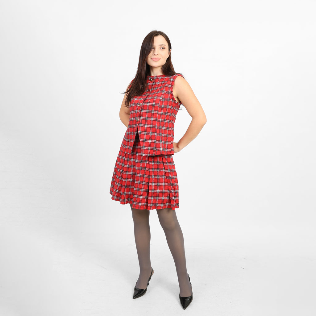 La Reine Red High-Waist Checked Pleated Skater Skirt