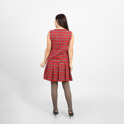 La Reine Red High-Waist Checked Pleated Skater Skirt