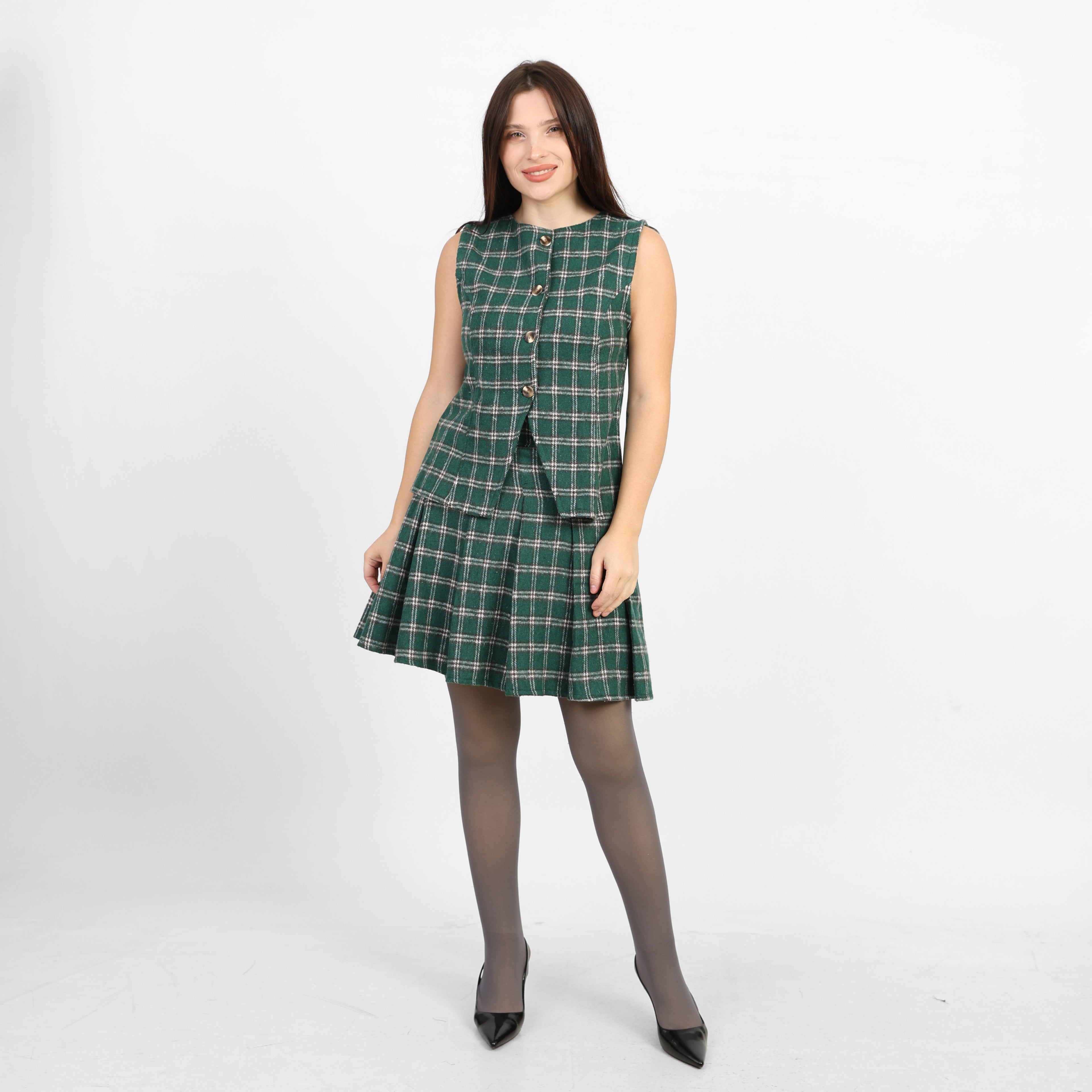 La Reine Green Plaid Checked Pleated Set, Vest & Skirt [Bundle]