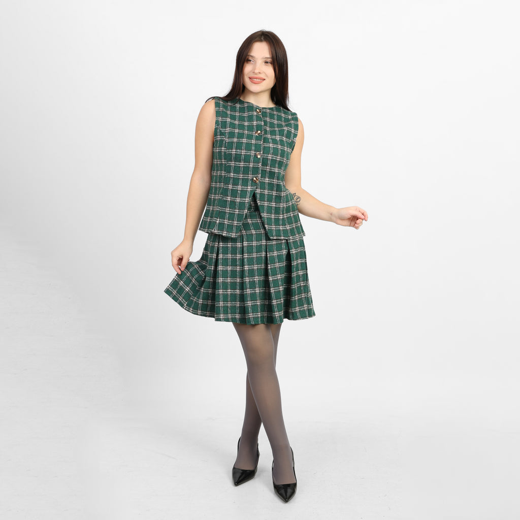 La Reine Green Plaid Checked Pleated Set, Vest & Skirt [Bundle]