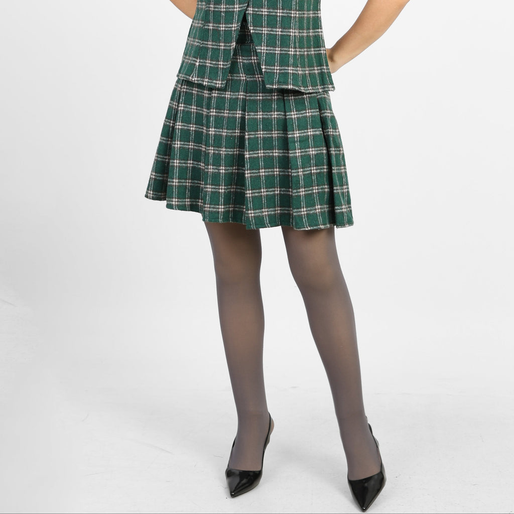 La Reine Green High-Waist Checked Pleated Skater Skirt