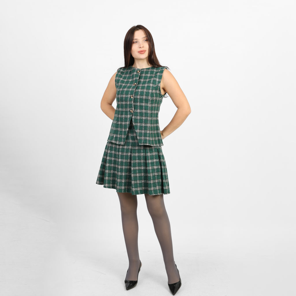 La Reine Green Plaid Checked Pleated Set, Vest & Skirt [Bundle]