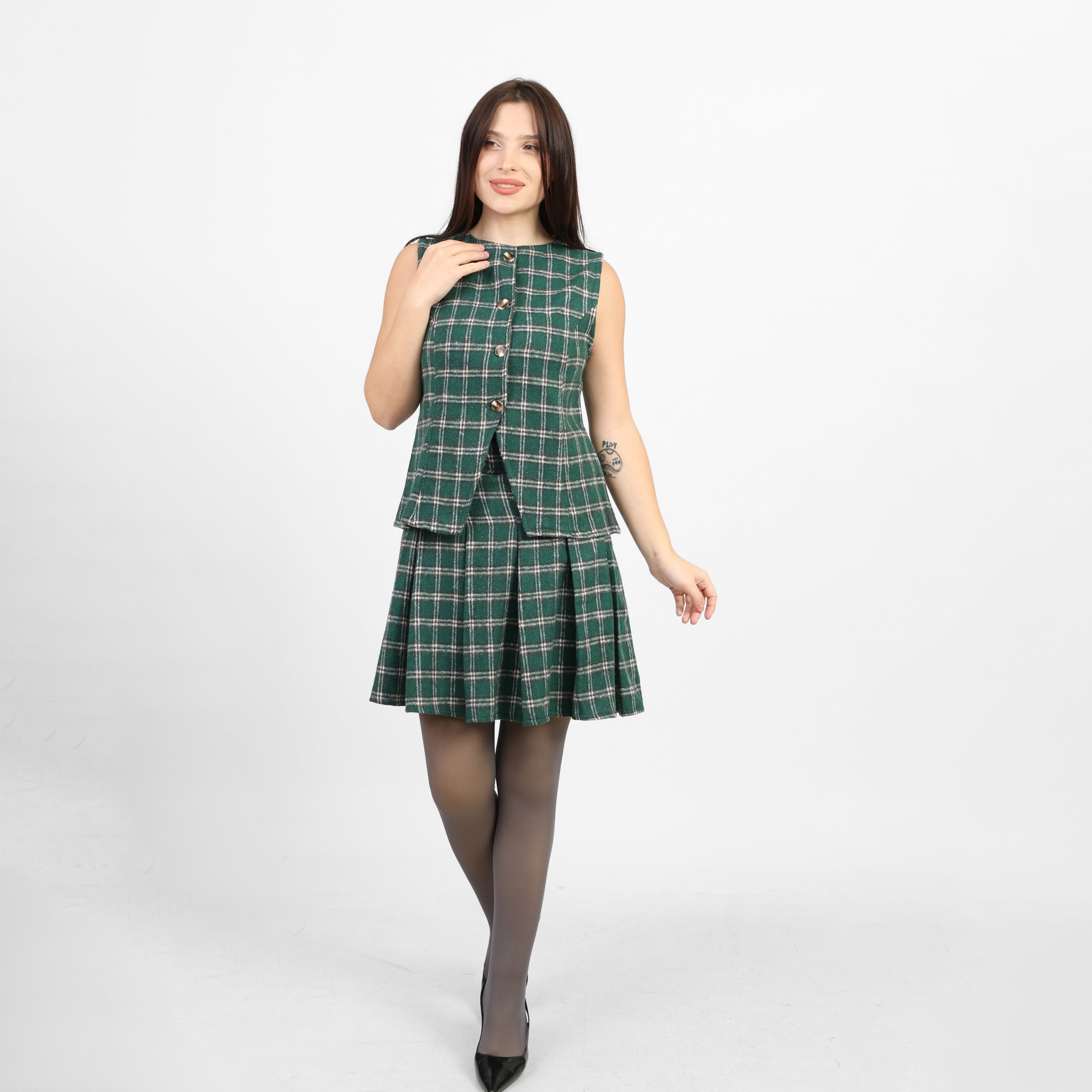 La Reine Green Plaid Checked Pleated Set, Vest & Skirt [Bundle]