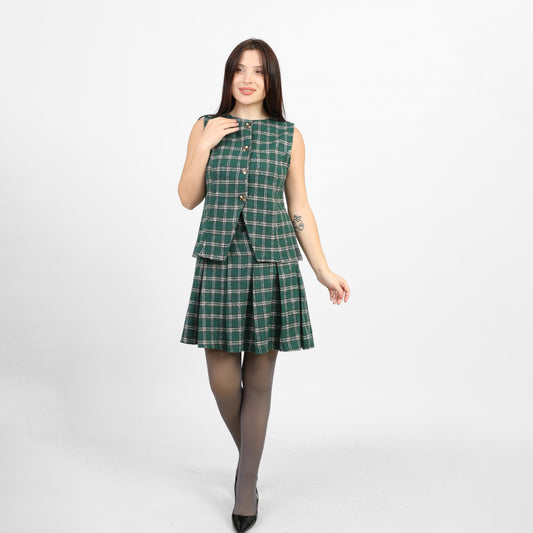 La Reine Green Plaid Checked Pleated Set, Vest & Skirt [Bundle]
