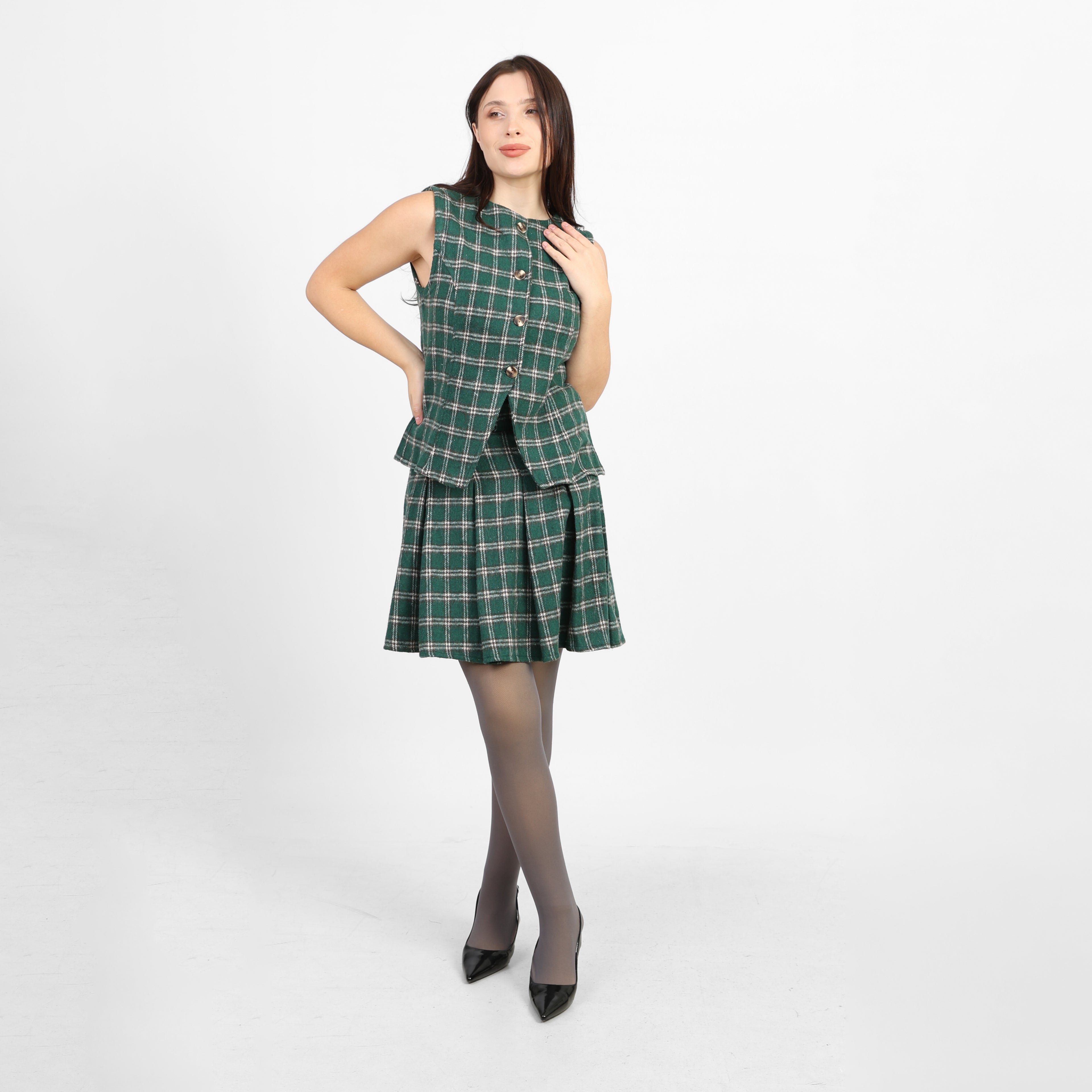 La Reine Green Plaid Checked Pleated Set, Vest & Skirt [Bundle]