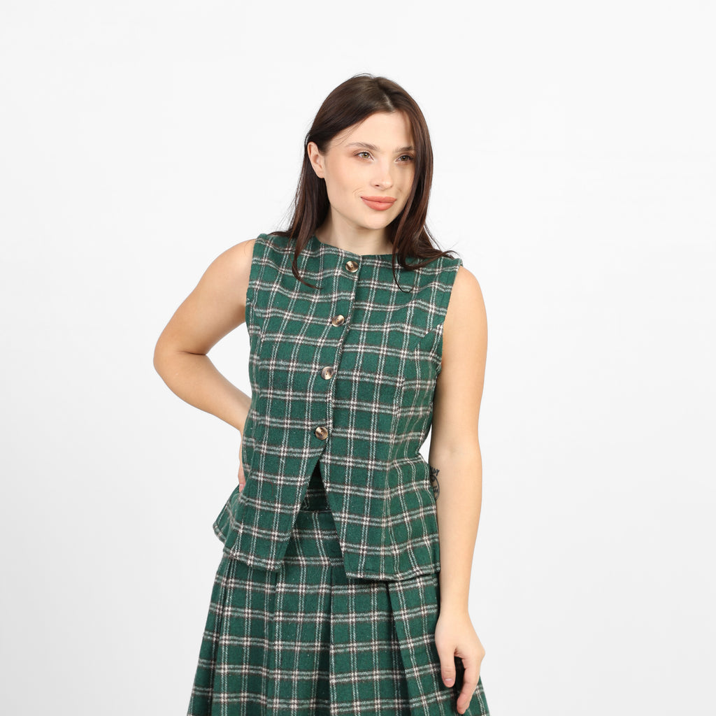 La Reine Green Plaid Checked Pleated Set, Vest & Skirt [Bundle]