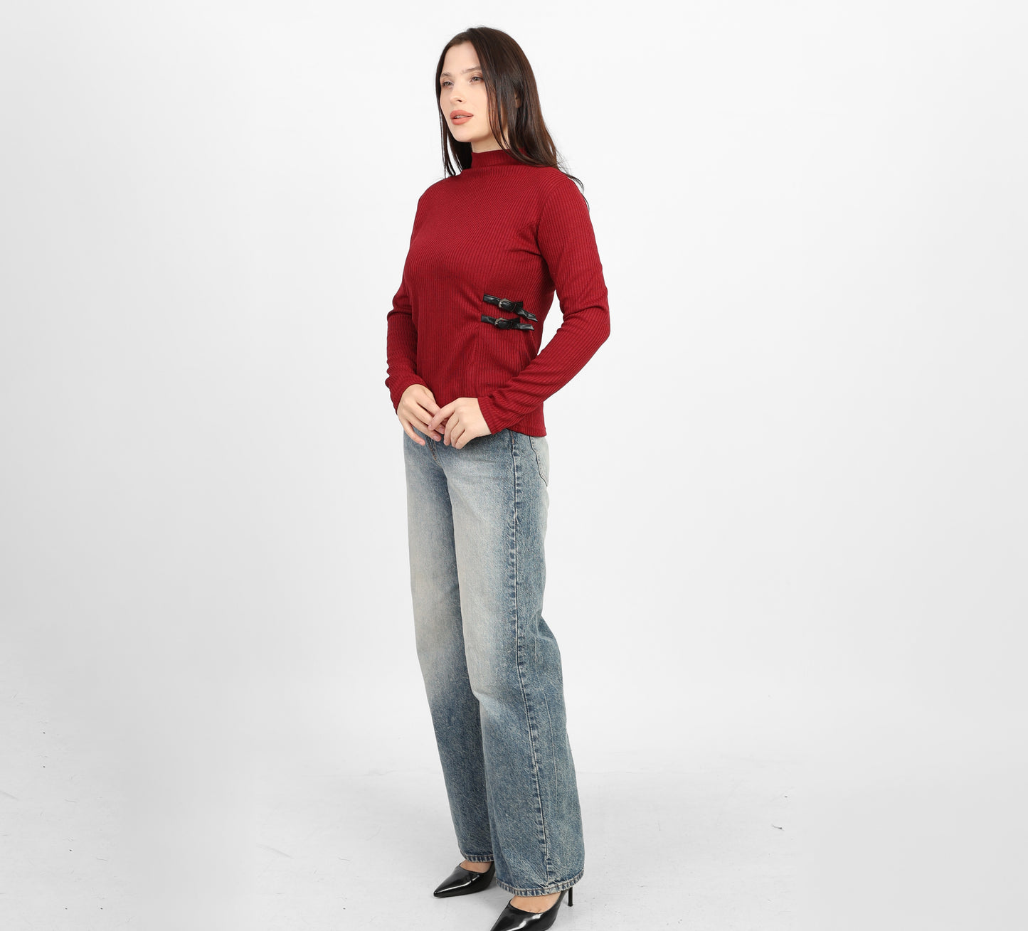 La Reine Burgundy Ribbed Knit Mock Neck Blouse with Side Buckle Detail