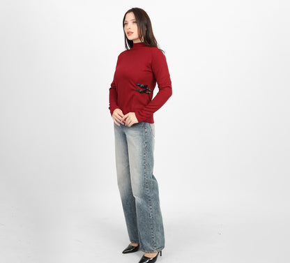 La Reine Burgundy Ribbed Knit Mock Neck Blouse with Side Buckle Detail