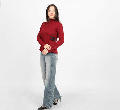La Reine Burgundy Ribbed Knit Mock Neck Blouse with Side Buckle Detail