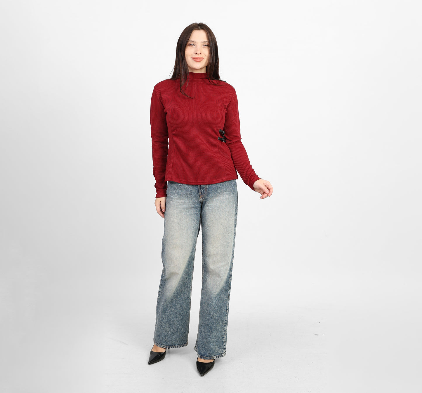 La Reine Burgundy Ribbed Knit Mock Neck Blouse with Side Buckle Detail