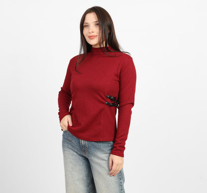 La Reine Burgundy Ribbed Knit Mock Neck Blouse with Side Buckle Detail