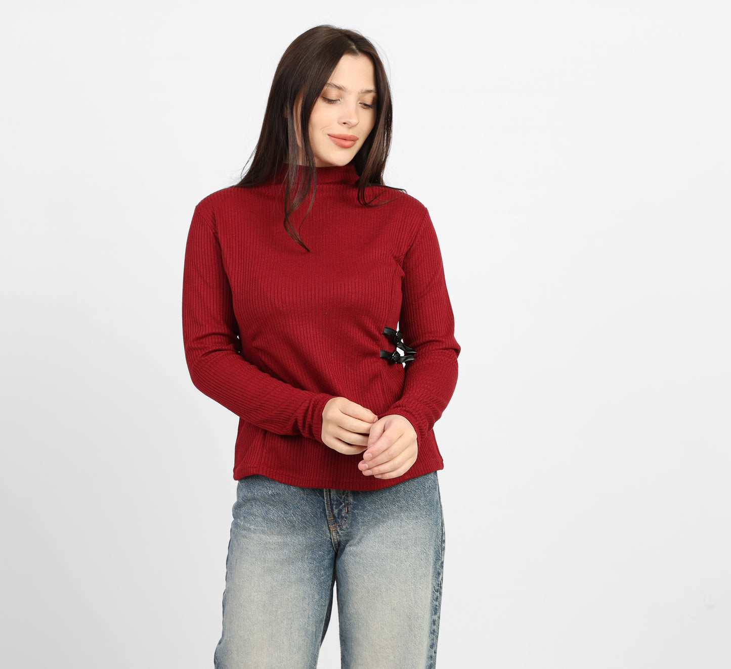 La Reine Burgundy Ribbed Knit Mock Neck Blouse with Side Buckle Detail