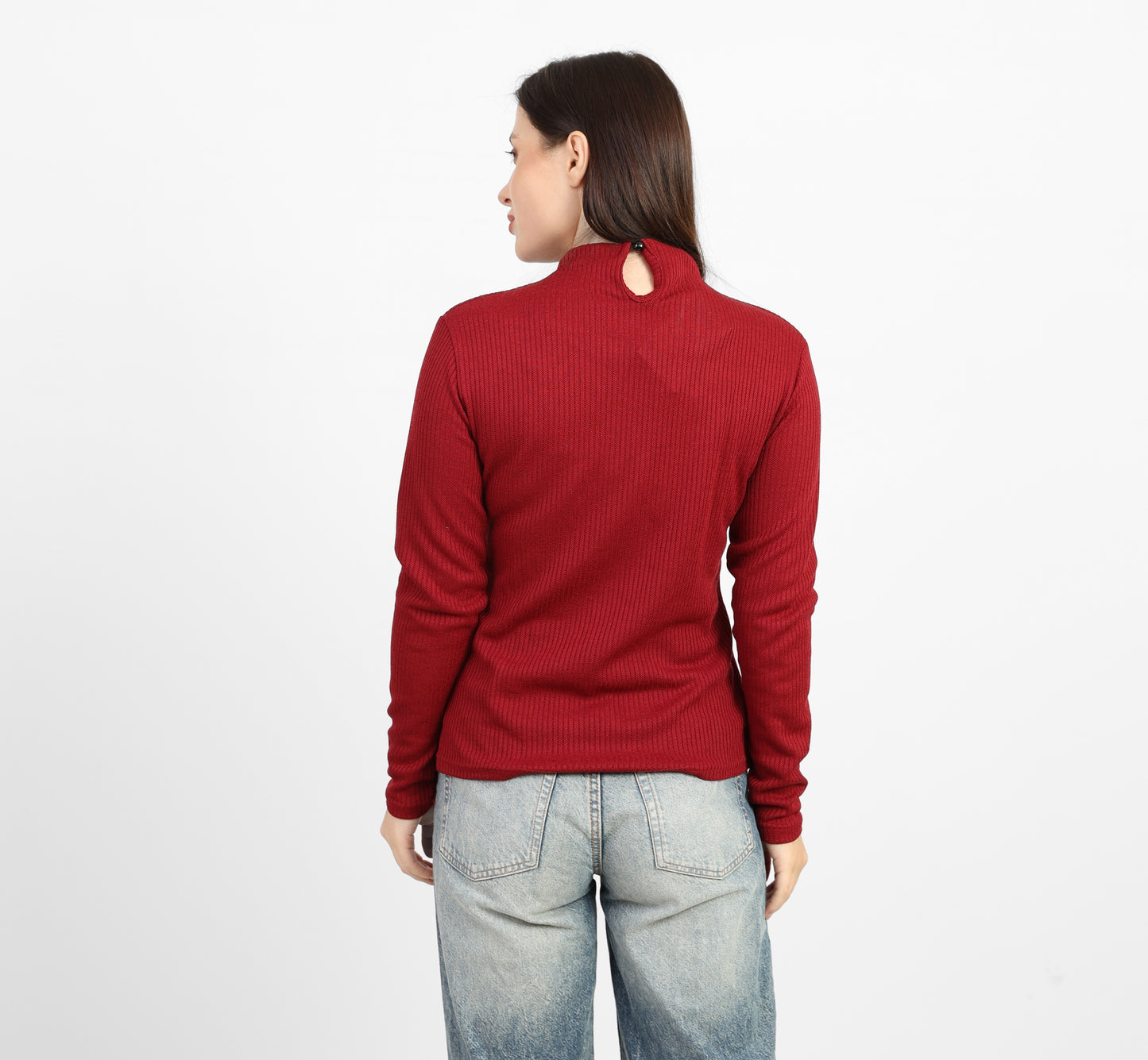 La Reine Burgundy Ribbed Knit Mock Neck Blouse with Side Buckle Detail