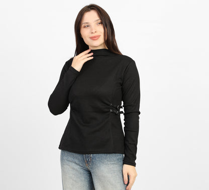 La Reine Black Ribbed Knit Mock Neck Blouse with Side Buckle Detail