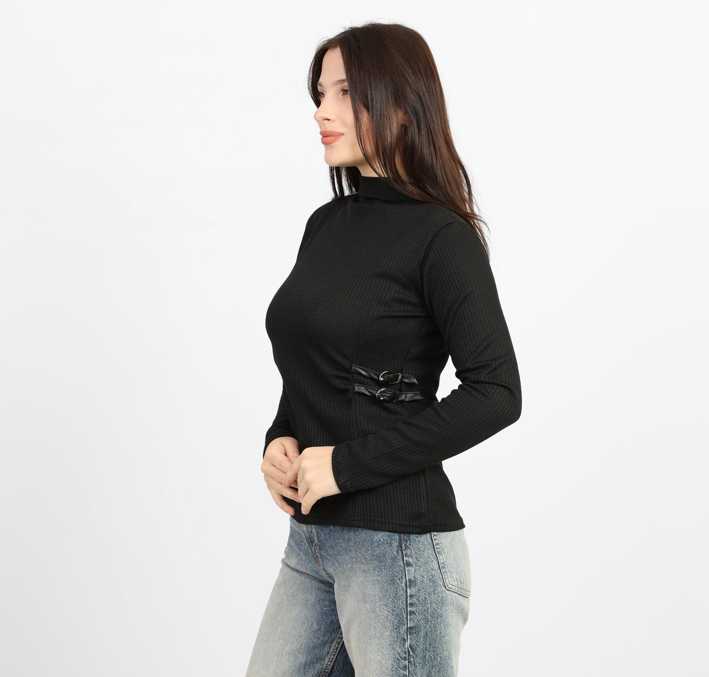 La Reine Black Ribbed Knit Mock Neck Blouse with Side Buckle Detail