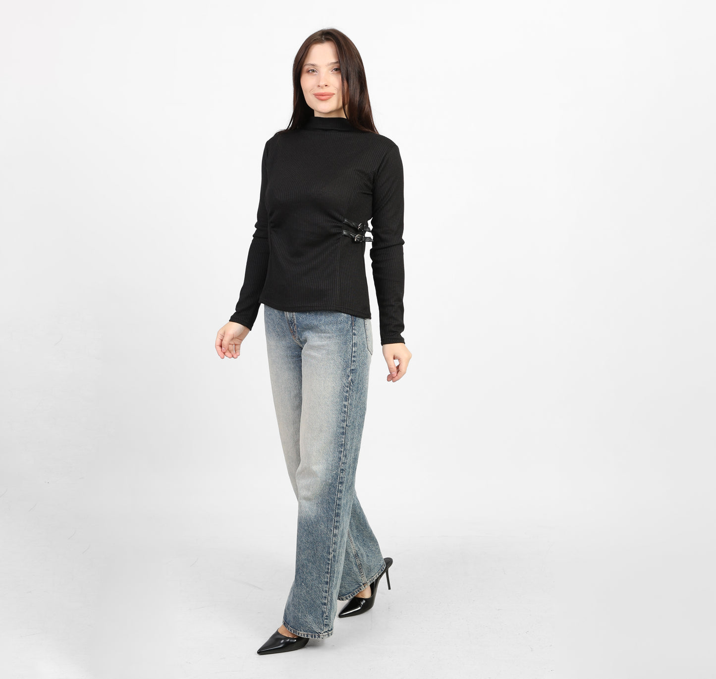 La Reine Black Ribbed Knit Mock Neck Blouse with Side Buckle Detail