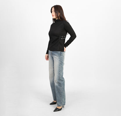 La Reine Black Ribbed Knit Mock Neck Blouse with Side Buckle Detail