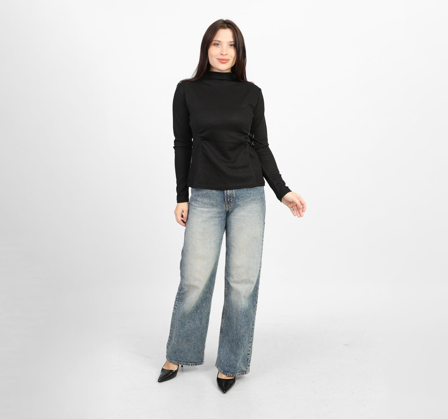 La Reine Black Ribbed Knit Mock Neck Blouse with Side Buckle Detail