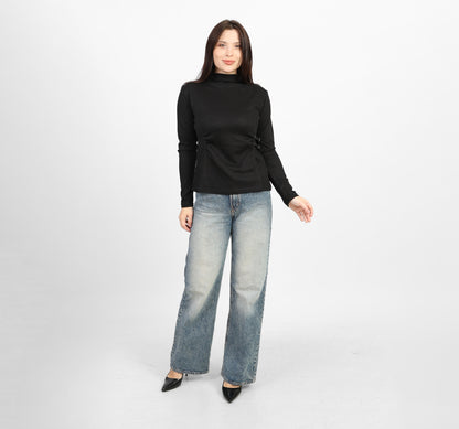 La Reine Black Ribbed Knit Mock Neck Blouse with Side Buckle Detail
