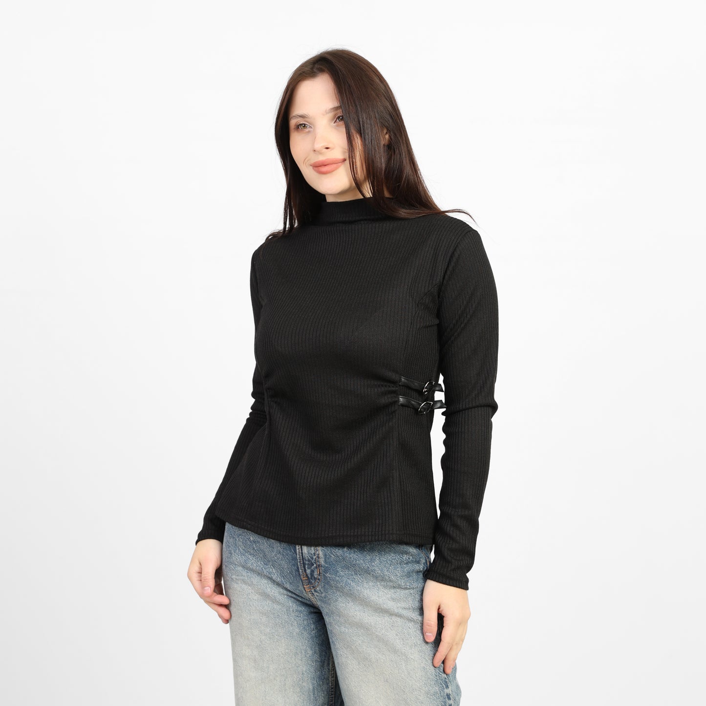 La Reine Black Ribbed Knit Mock Neck Blouse with Side Buckle Detail
