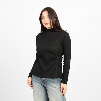 La Reine Black Ribbed Knit Mock Neck Blouse with Side Buckle Detail