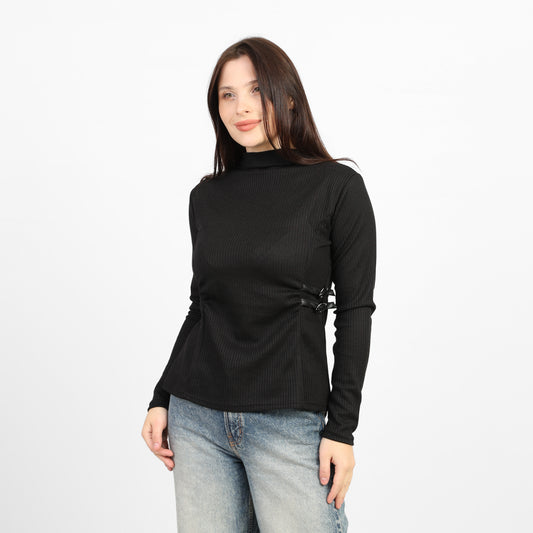 La Reine Black Ribbed Knit Mock Neck Blouse with Side Buckle Detail