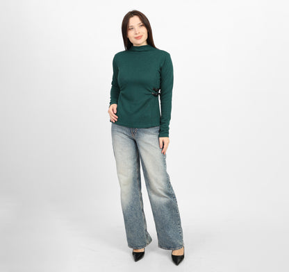 La Reine Olive Ribbed Knit Mock Neck Blouse with Side Buckle Detail