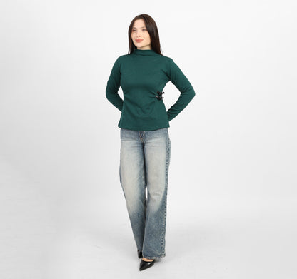 La Reine Olive Ribbed Knit Mock Neck Blouse with Side Buckle Detail