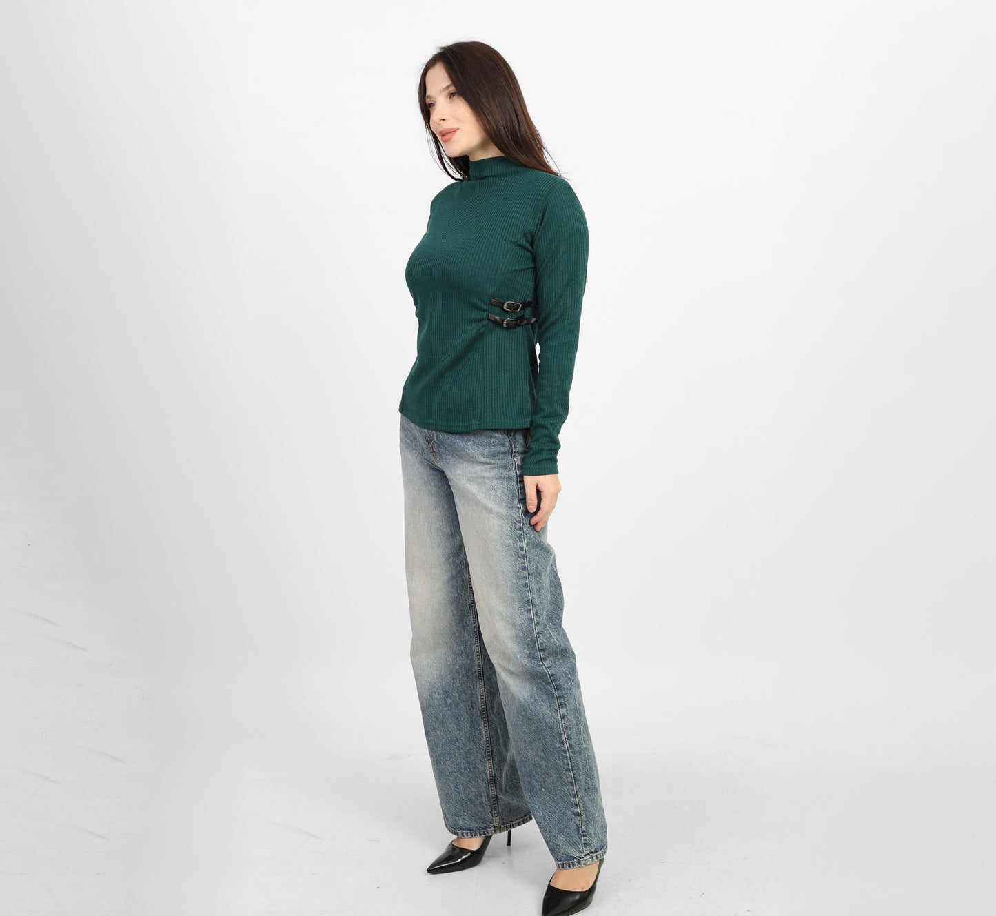 La Reine Olive Ribbed Knit Mock Neck Blouse with Side Buckle Detail
