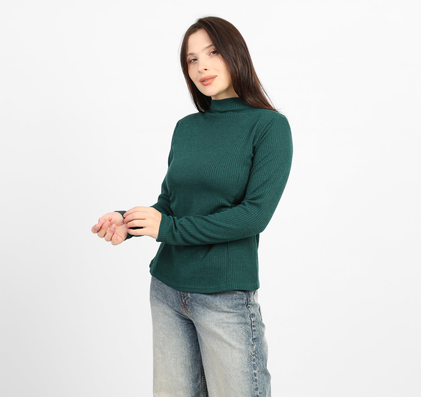 La Reine Olive Ribbed Knit Mock Neck Blouse with Side Buckle Detail