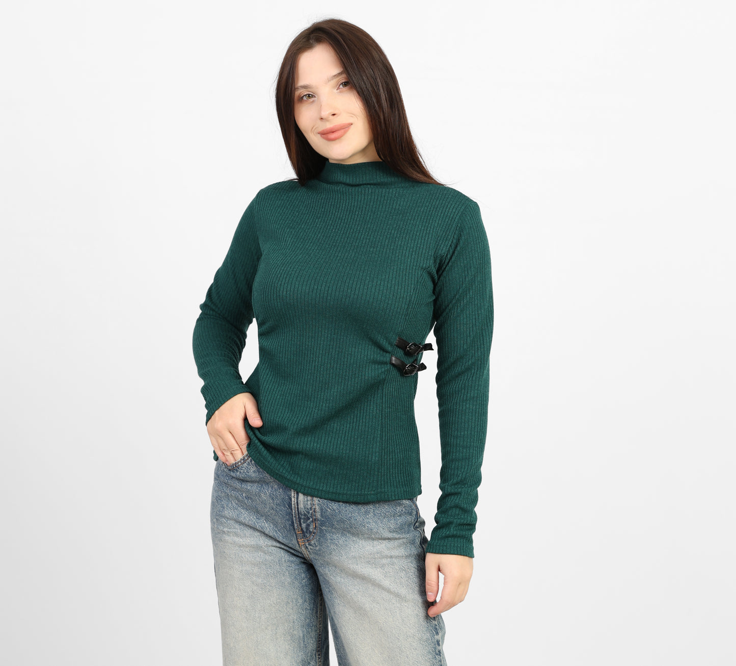 La Reine Olive Ribbed Knit Mock Neck Blouse with Side Buckle Detail