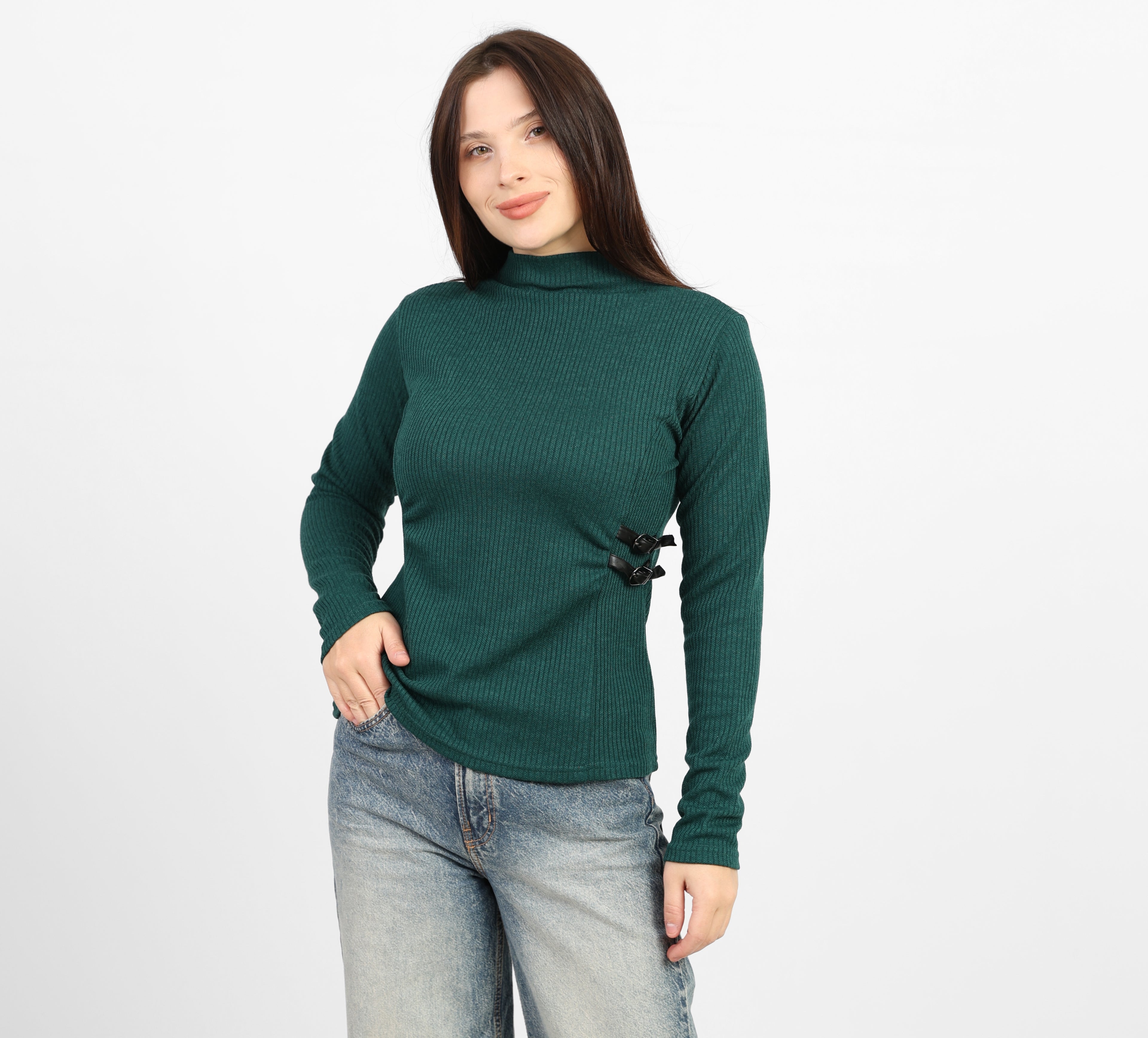 La Reine Olive Ribbed Knit Mock Neck Blouse with Side Buckle Detail