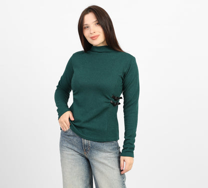 La Reine Olive Ribbed Knit Mock Neck Blouse with Side Buckle Detail