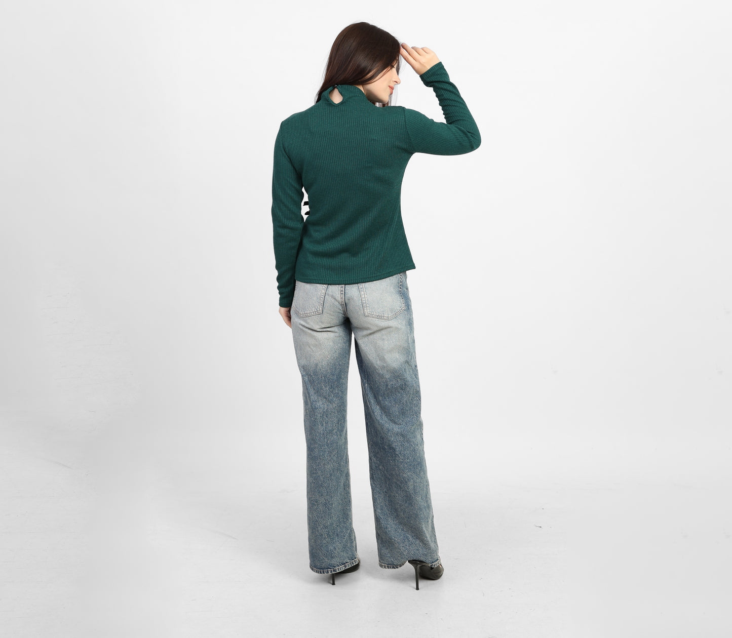 La Reine Olive Ribbed Knit Mock Neck Blouse with Side Buckle Detail