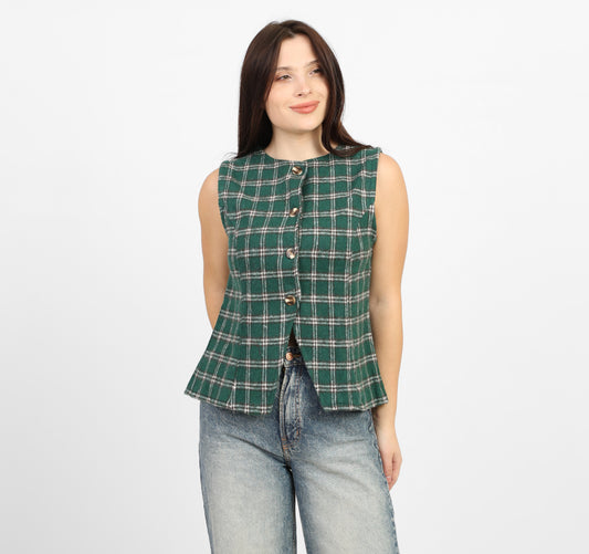 La Reine Green Fitted Sleeveless Plaid Vest Top with Button Front