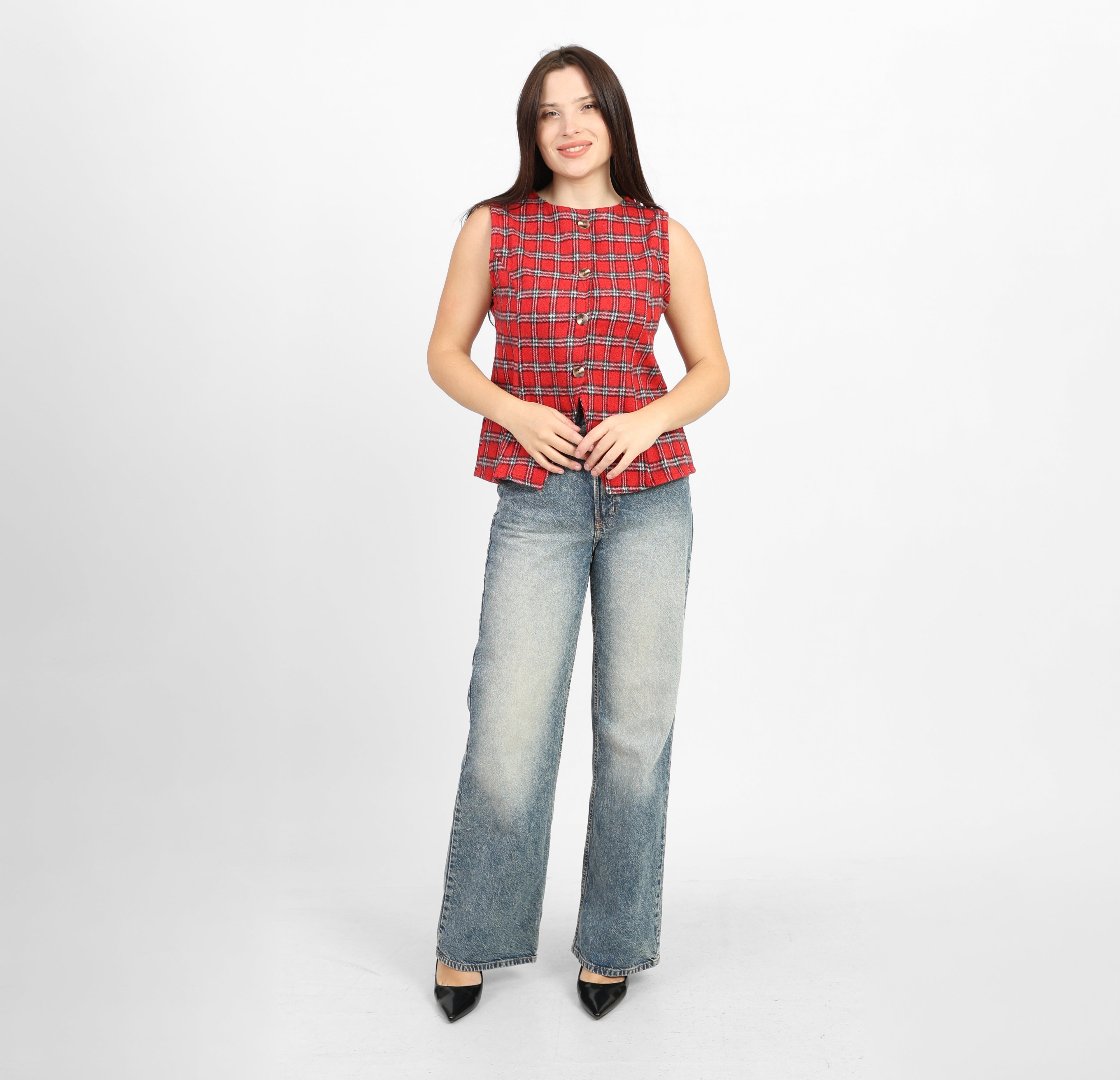 La Reine Red Fitted Sleeveless Plaid Vest Top with Button Front