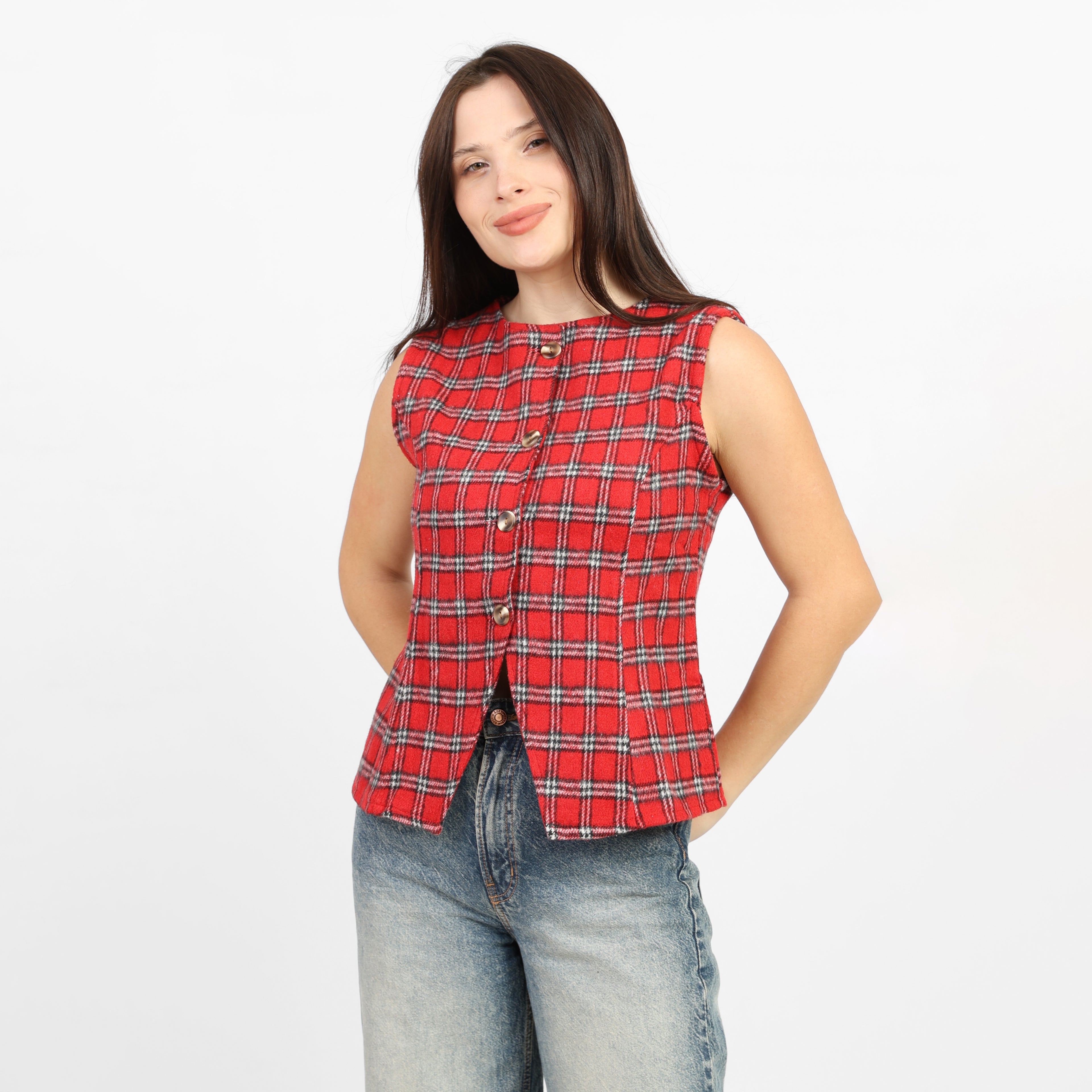 La Reine Red Fitted Sleeveless Plaid Vest Top with Button Front