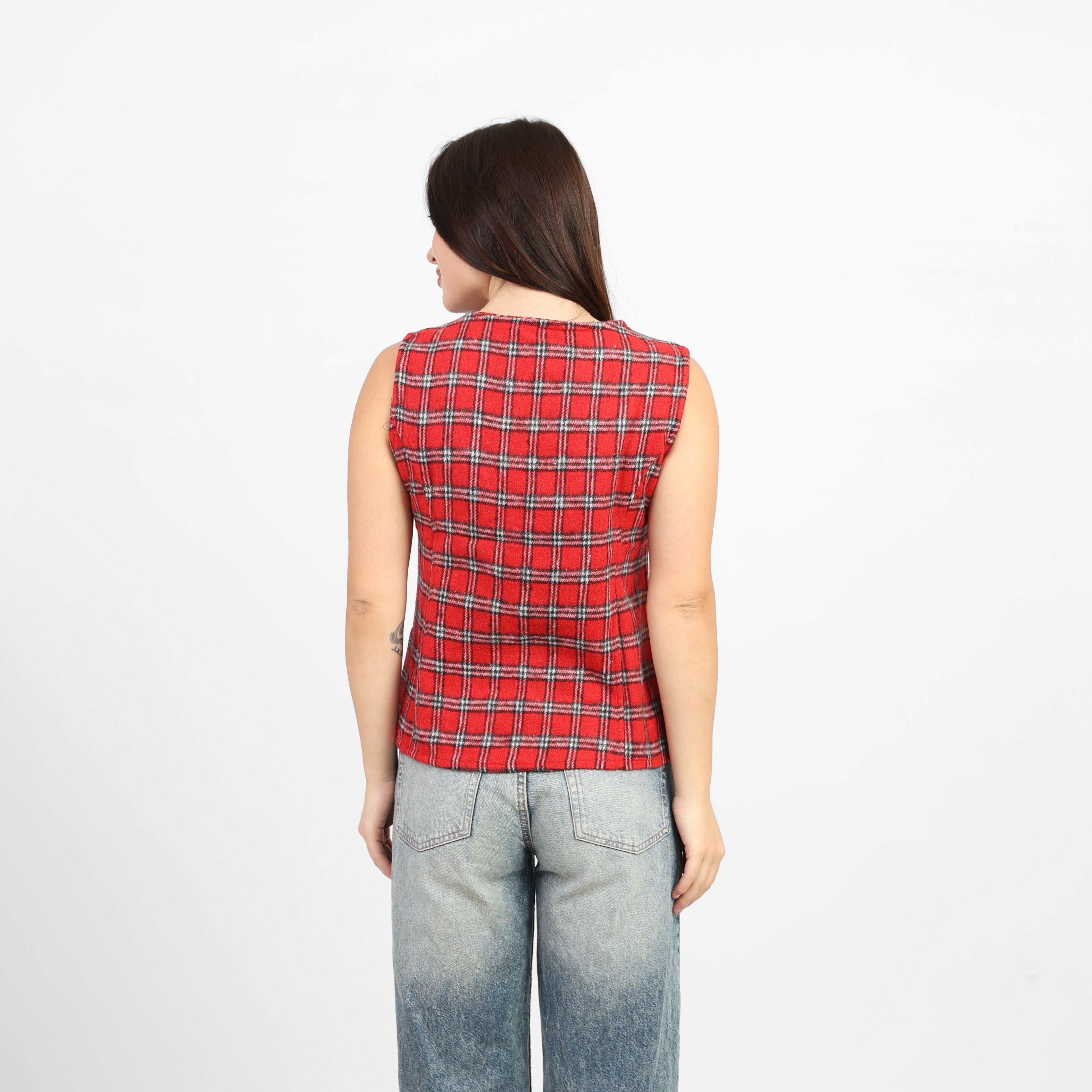 La Reine Red Fitted Sleeveless Plaid Vest Top with Button Front