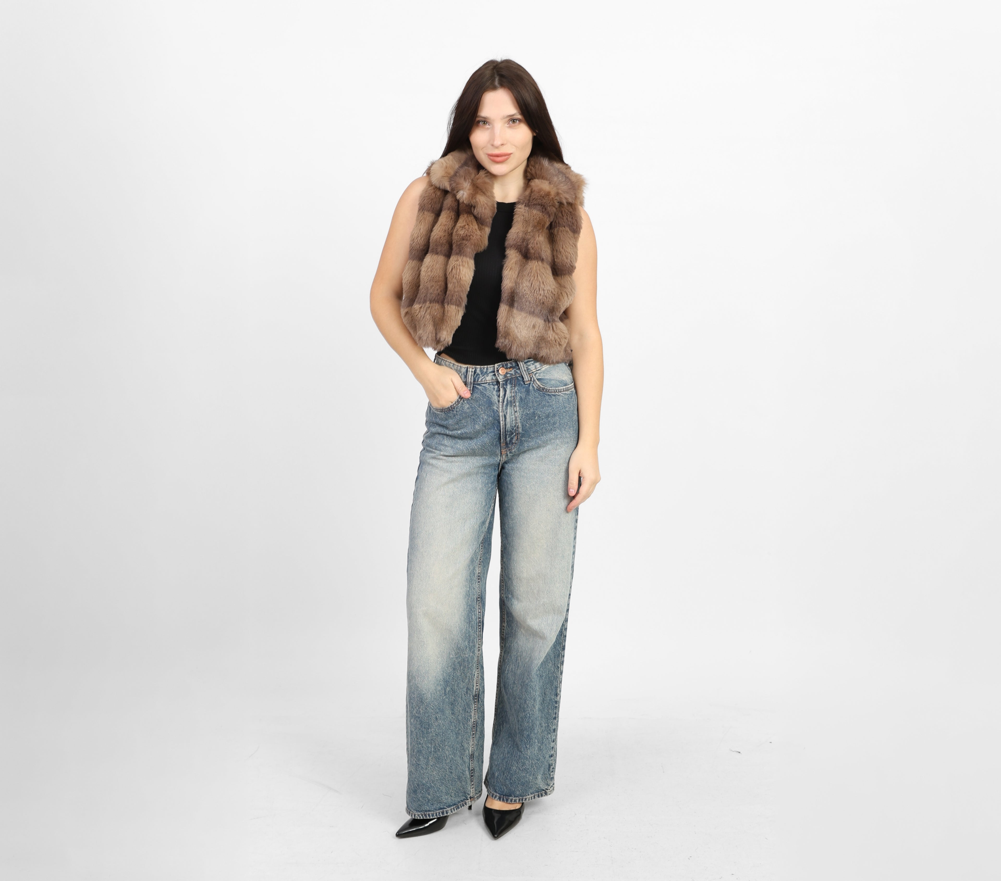 La Reine Brown Striped Faux Fur Vest