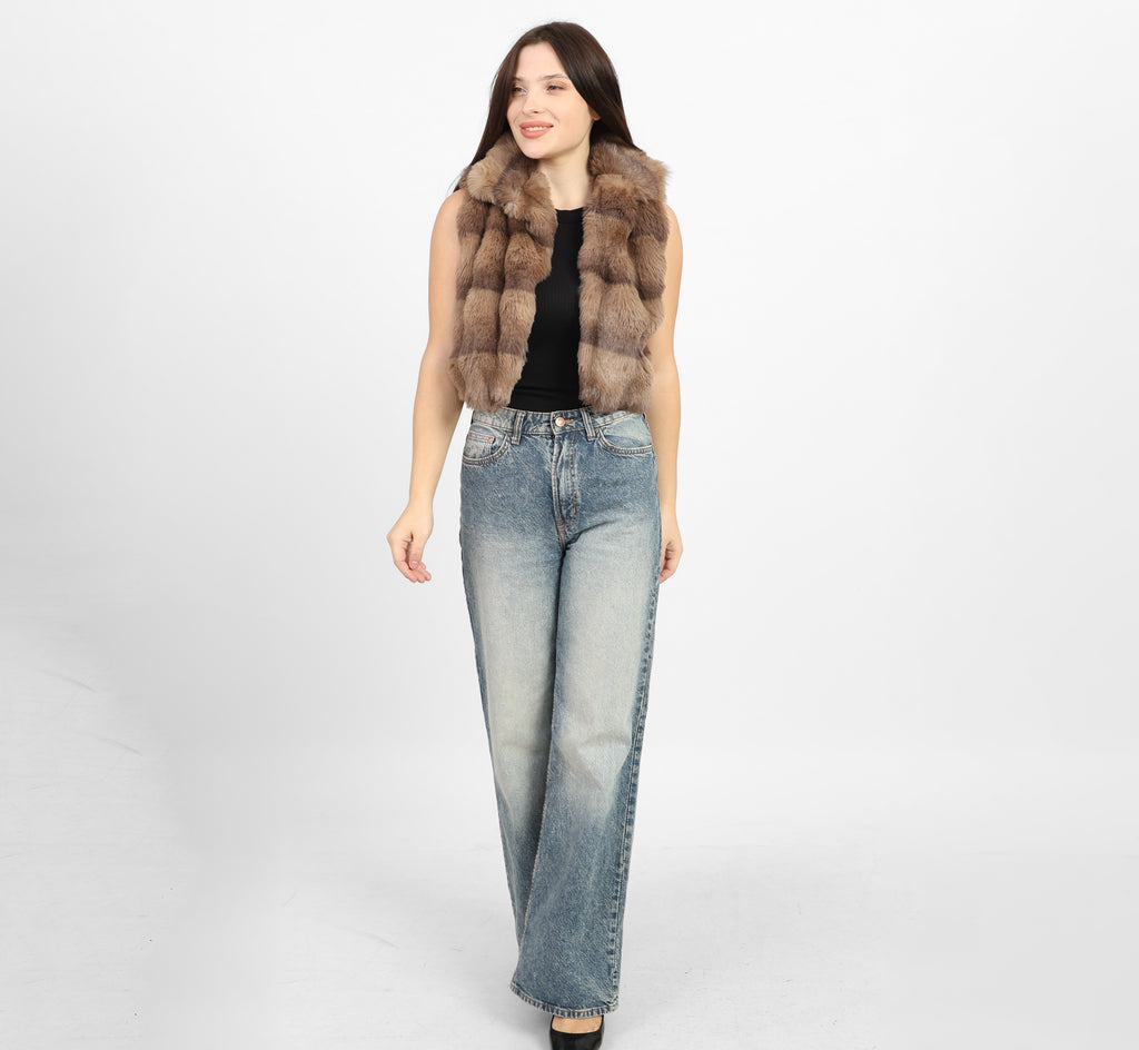 La Reine Brown Striped Faux Fur Vest
