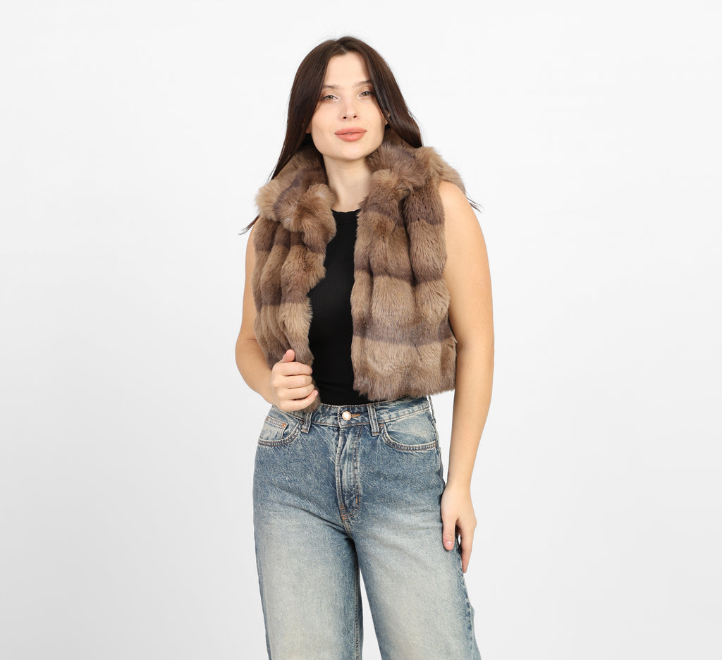 La Reine Brown Striped Faux Fur Vest