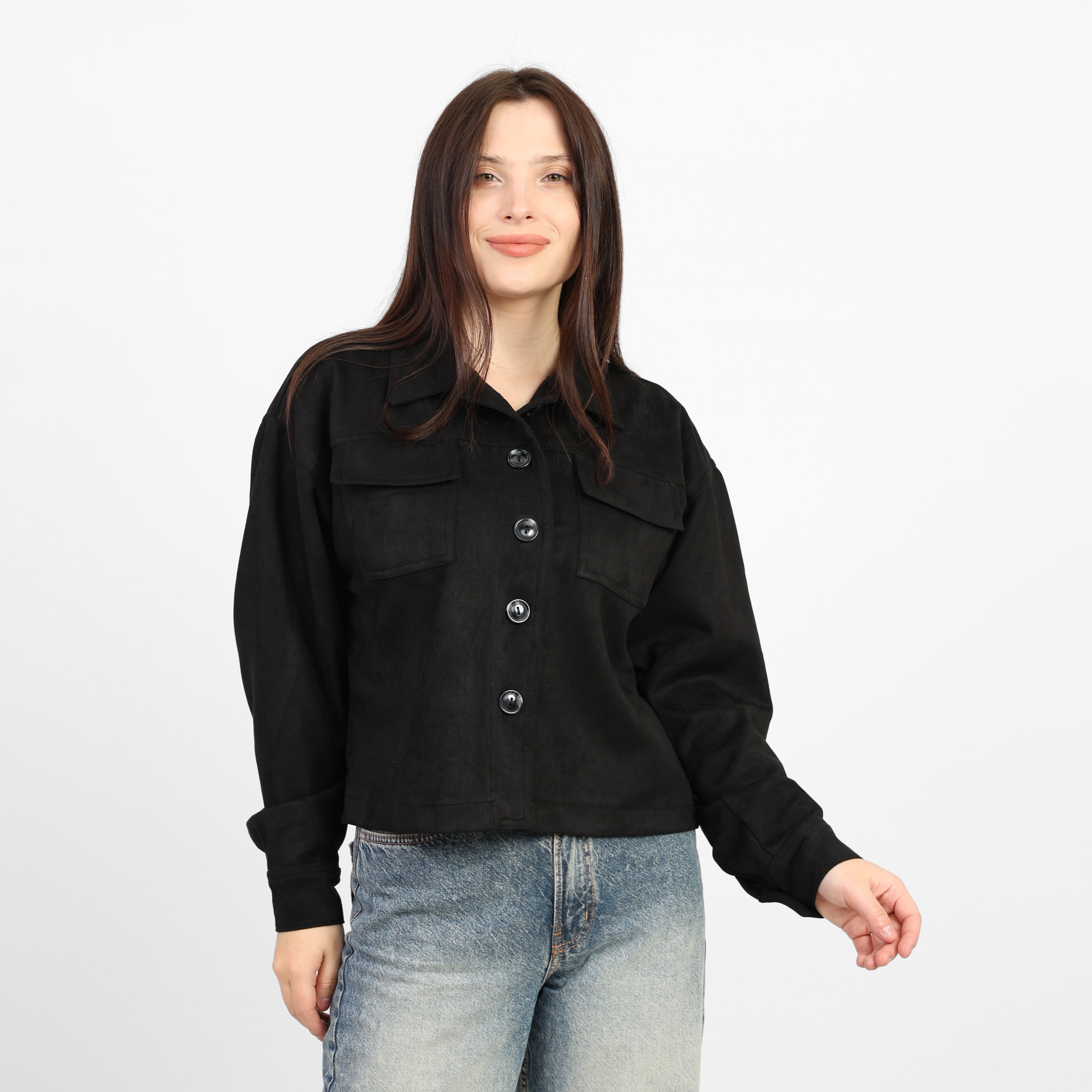 La Reine Black Boxy Cropped Suede Silhouette