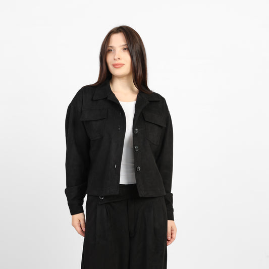 La Reine Black Boxy Cropped Suede Silhouette