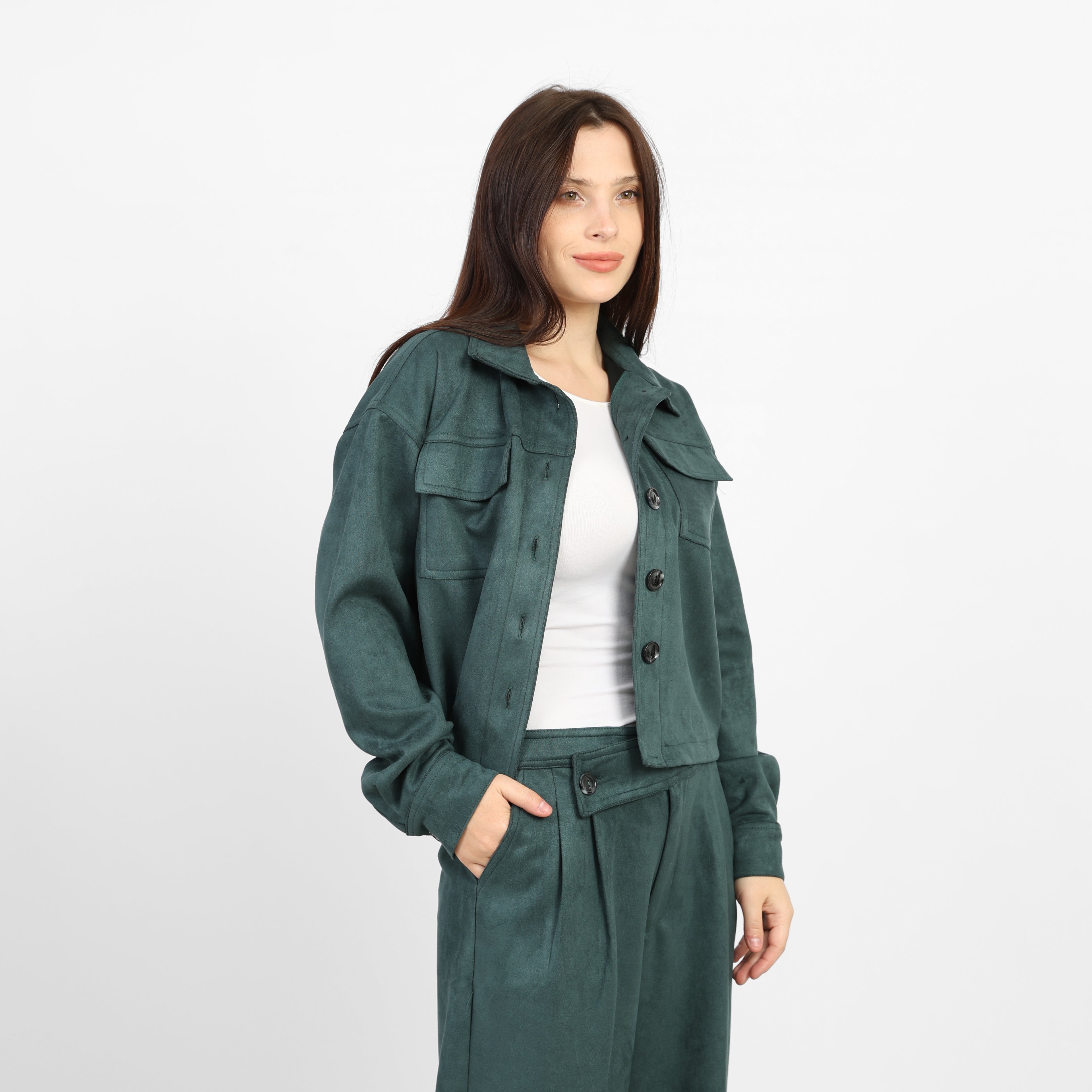 La Reine Olive Boxy Cropped Suede Silhouette