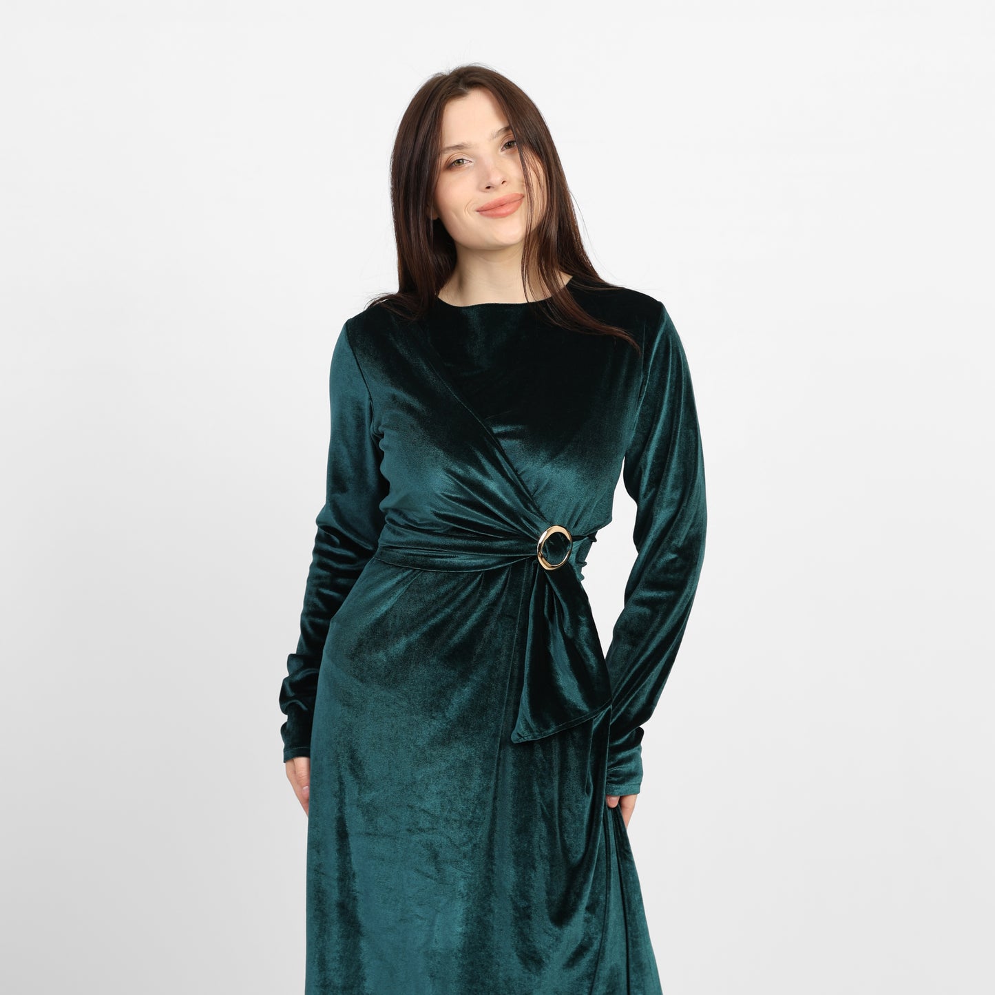 La Reine Green Elegant Velvet Dress with Waist Cinching Gold Buckle Detail