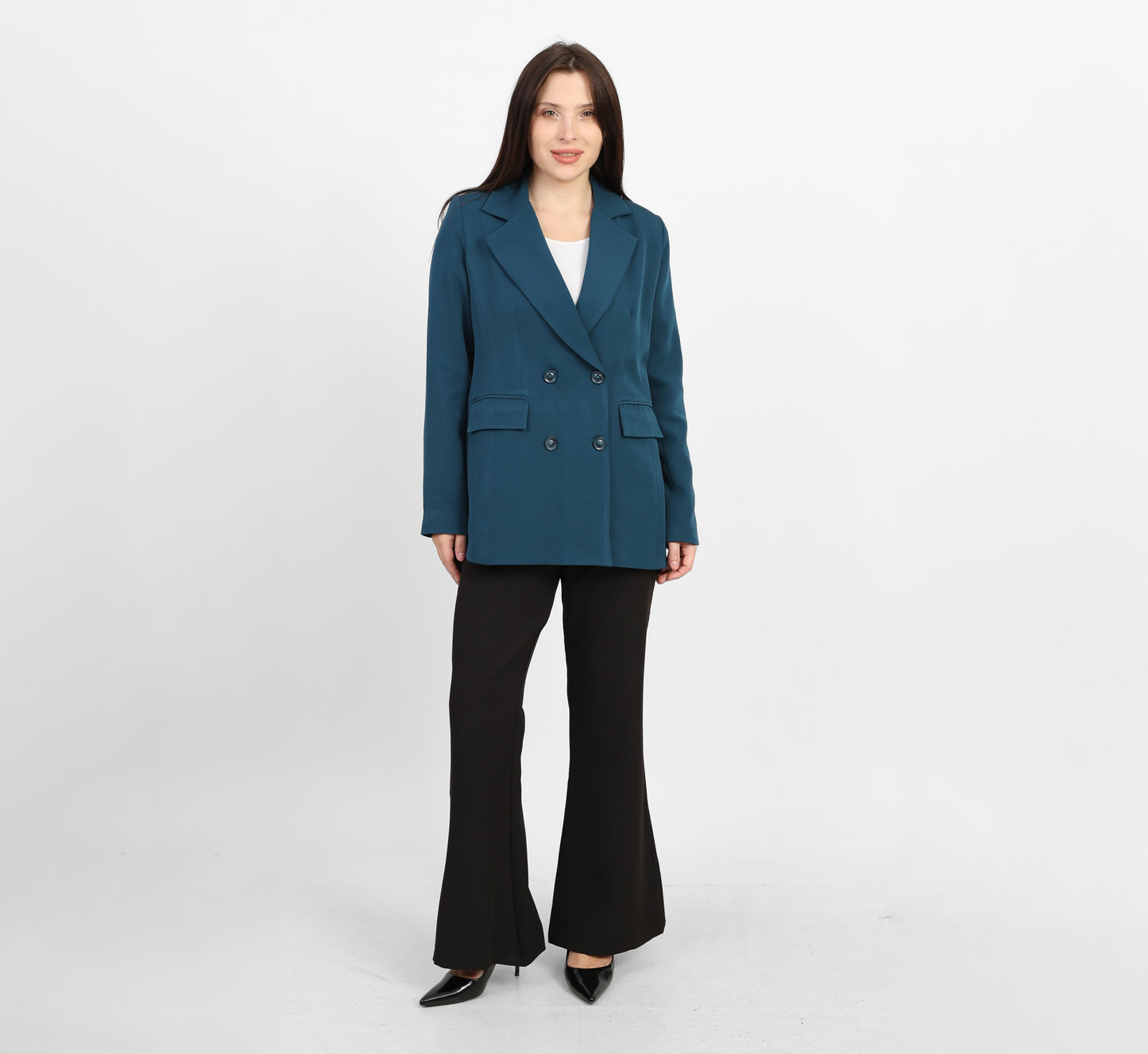 La Reine Teal Double-Breasted Blazer with Contrast Buttons